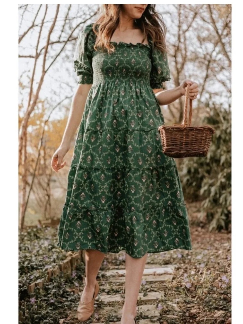 Hill House Home Nap Dress Midi, green and pink floral sz XS EUC
